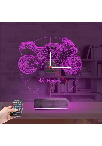 Luvivia Motorsiklet Motor V1 Kişiye Özel Saatli 3d Lamba - Masa Gece Lambası Şeffaf