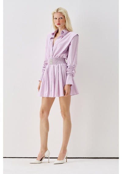 Sagaza Studio Ss6165 Beli Lastikli Mini Gömlek Elbise Pembe