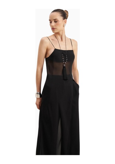 Because Of Alice Kadın Şeffaf Şifon Uzun Askılı Camisole Bluz Siyah