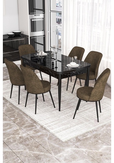 Canisa Concept Kor Serisi, 70x114 Açılabilir Yemek Masası Takımı, Siyah Mermer Desen Masa Ve 6 Kahve Sandalye Masa Siyah Mermer Desenli Sandalyeler Kahve Canisa Concept Kor Serisi, 70x114 Açılabilir Yemek Masası Takımı, Siyah Mermer Desen Masa Ve 6 Kahve Sandalye Masa Siyah Mermer Desenli Sandalyeler Kahve