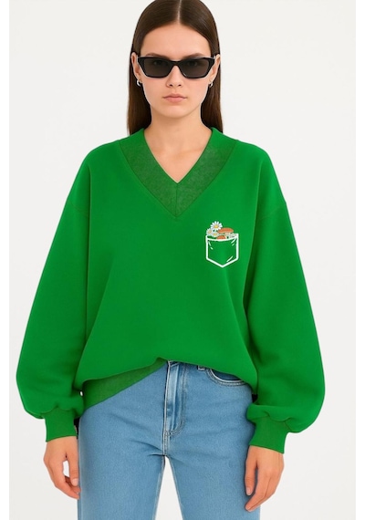 Benroma Cep Papatya Baskılı Ünisex V Yaka Sweatshirt Çok Renkli