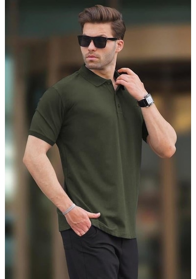 Madmext Haki Overfit Kısa Kollu Polo Yaka Erkek Tişört 7029 Haki