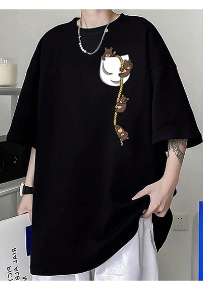 Startmore Cep Ayıcık Baskılı Oversize Unisex Pamuk Siyah