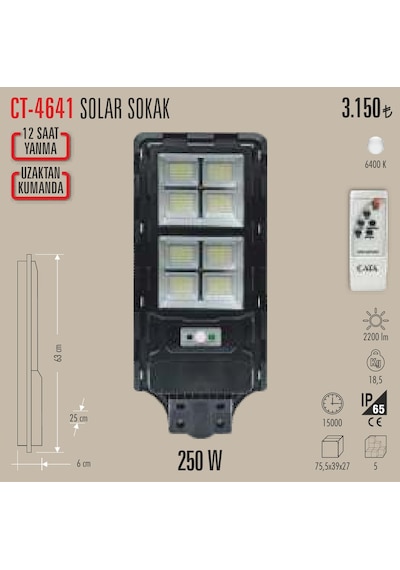 Ct-4641 250w Solar Led Projetör 1 Adet Beyaz Işık