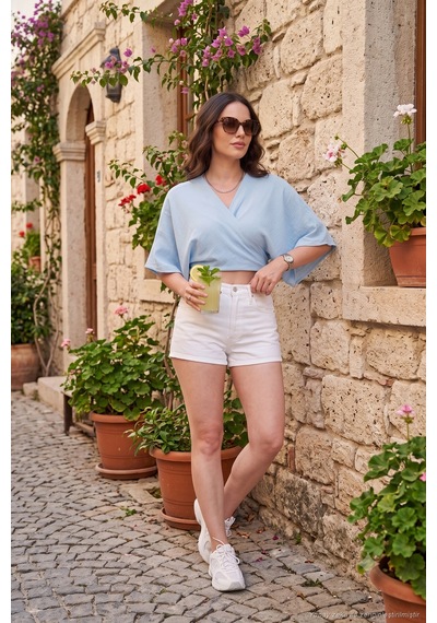 Lela Pamuklu Comfort Fit Bağlamalı Yarasa Kol Bolero Kadın Bolero 5866354 Mavi