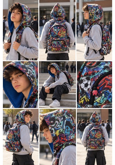 Unisex Su Geçirmez Grafiti Canavarı Desenli Çıkarılabilir Kapüşonlu Sırt Çantası Çok Renkli