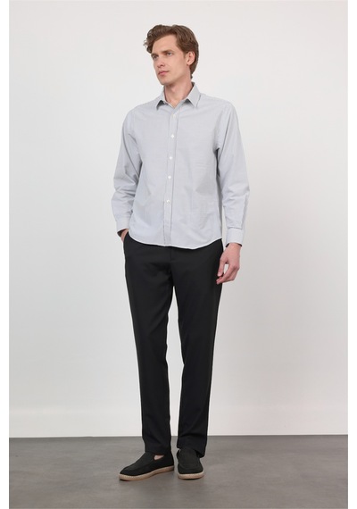 İmza Beyaz - Siyah Sert Yaka Uzun Kol Cepsiz Slim Fit Pamuklu Gömlek 1004260214