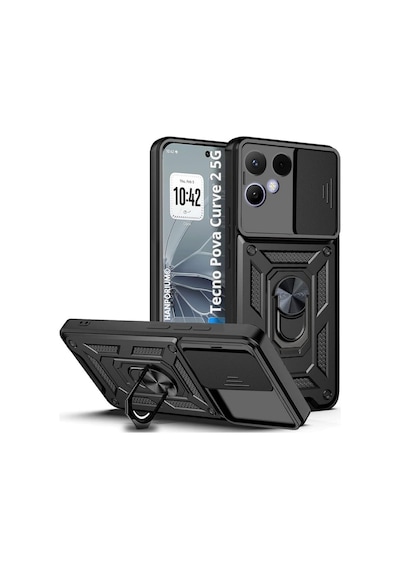 Tecno Pova Curve 2 5g Uyumlu Tank Kılıf Yüzüklü Extra Darbe Koruma Zırhlı Outdoor Kapak Siyah