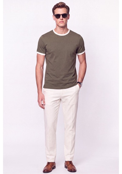 Efor Slim Fit Bisiklet Yaka Haki - Ekru Tişört Ts 932 Haki-ekru