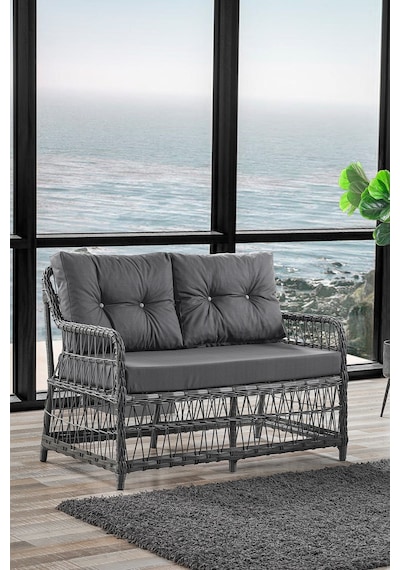 Breda Rattan Örgü Bahçe Balkon Takımı 2+1+1 Cam Masalı Antrasit Antrasit