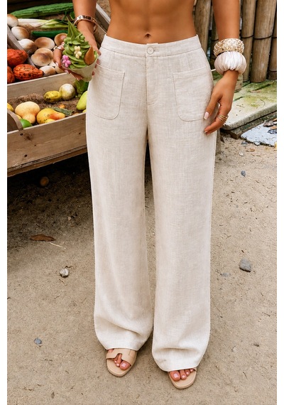 Tarz Cool Kadın Wide Leg Pantolon Ön Cep Detaylı Rahat Kalıp Günlük Pantolon Bej
