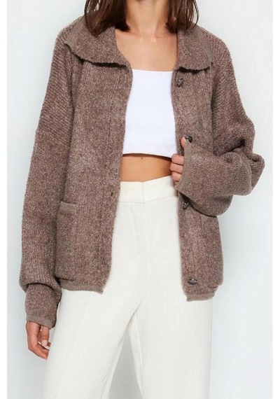 Ersefa Kadın Modern Tarz Oversize Polo Yaka Regular Triko Hırka VIZON