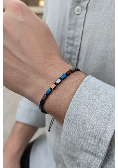 Valmont Accessories Taşlı Çok Renkli Erkek Bileklik Dikdörtgen Desenli Minimal Modern Bileklik Mavi - Kahverengi - Gümüş - Bronz
