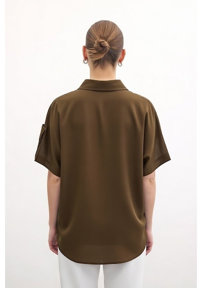 Sateen Kol Detaylı Salaş Gömlek - Kahve-136683 kahve