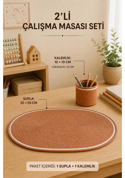 El Yapımı 2'li Öğrenci Ofis Çalışma Masası Supla Ve Kalemlik Seti Bohem Doğal Dokulu