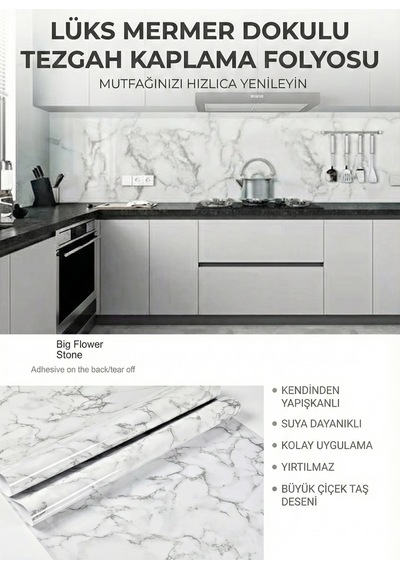 Beyaz Mermer Desenli Yapışkanlı Tezgah Folyosu 3 Mt.x 60 Cm Çok Renkli