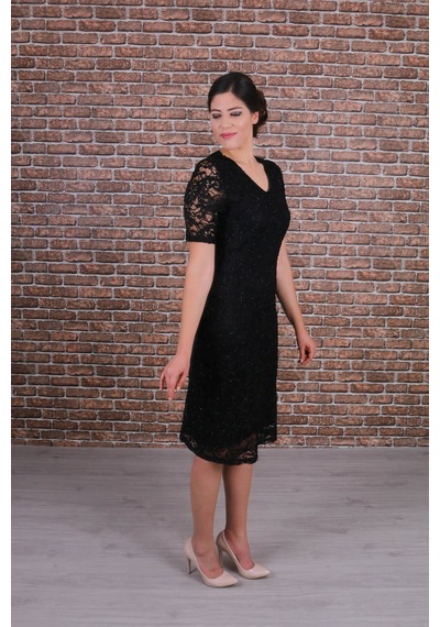Nidya Moda Büyük Beden Kadın Siyah Dantel Elbise-4161S Siyah