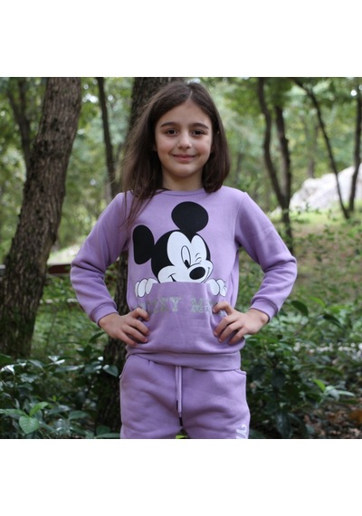 Milenawear by Milena Mickey Baskılı Bisiklet Yaka Kalın Kız Çocuk Alt Üst Takım Mor Lila
