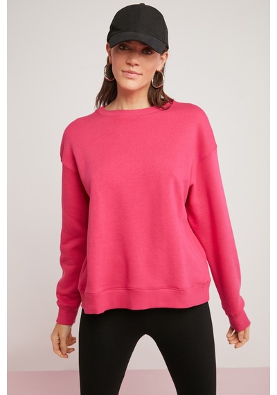 ETHIQUET A FREDA Kadın Pamuklu Içi Polarlı Yumuşacık Yuvarlak Yaka Comfort Fit Basıc Pembe Sweatshirt