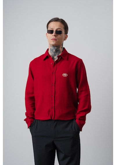 Respire Erkek R Nakışlı Uzun Kollu Müslin Oversize Gömlek Bordo