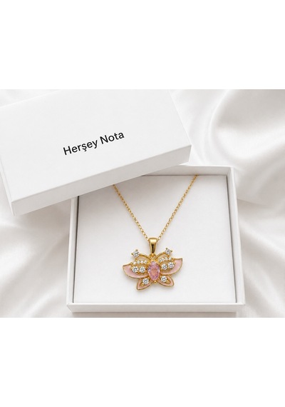 Butterfly Kadın Kolye Altın Renk Paslanmaz Çelik Pembe Detaylı Hediye Altın - Gümüş