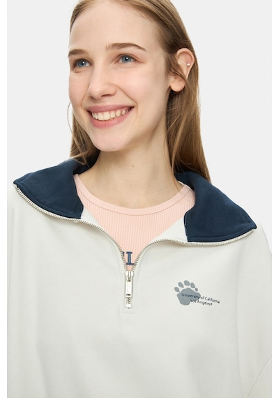 Ucla Yoko Kemik Rengi Fermuarlı Baskılı Oversize Fit Kadın Sweatshirt Kemik Rengi