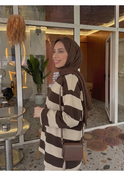 Trend Paris Çizgili Yanı Yırtmaçlı Rahat Kalıp Tunik Bluz Kahverengi 40