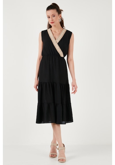 Lela Regular Fit Kruvaze Yaka Midi Bayan Elbise 6118103 Siyah