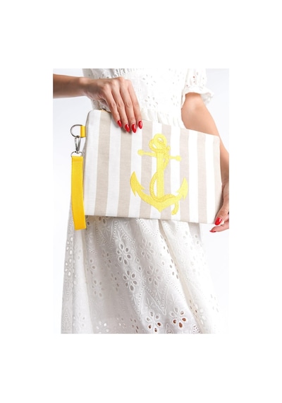 Mubiano Summer Kadın Bej/beyaz Çizgili Duck Keten Kumaş Çapa Clutch & Portföy Çanta - Msly0106-bb Bej/beyaz