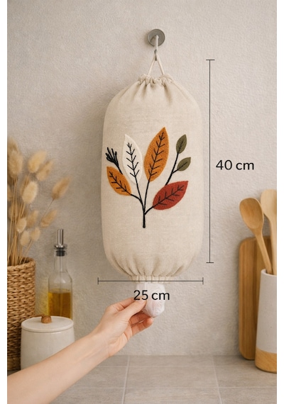 Punch Panç Nakışlı Poşetlik - Poşet Düzenleyici - Poşet Organizeri Keten 40x25 Cm 1 Adet
