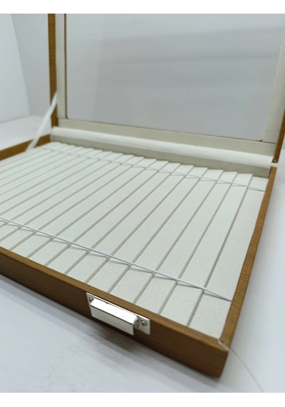 Cam Kapaklı Deri Kumaş Kahve-krem Renk 34 Cm / 24 Cm Bileklik Sergileme Standı