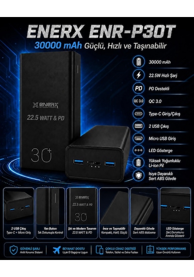 Enerx Enr-p30t 30.000 Mah 22.5 Watt Led Göstergeli Powerbank Siyah