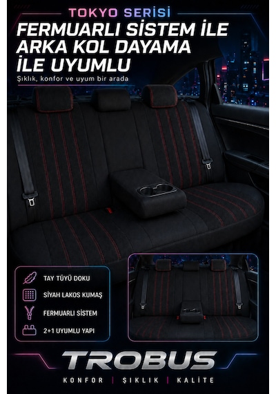 Fiat Albea 2002-2012 Bel Destekli Tay Tüyü Koltuk Kılıfı Tokyo Serisi Siyah Kırmızı