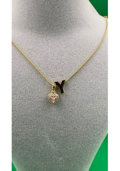 14k Altın Renginde Y Harf Pembe Kalpli Minimal Çelik Kadın Kolye Altın