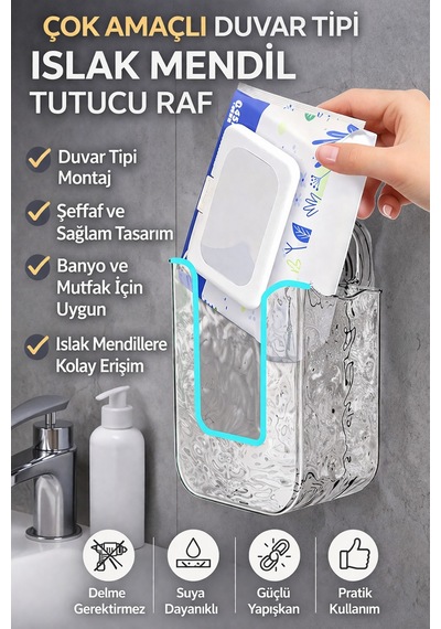 Islak Mendil Tutucu Raf Duvar Tipi Banyo Organizer Yapışkanlı Şeffaf Pratik Mendil Rafı Beyaz