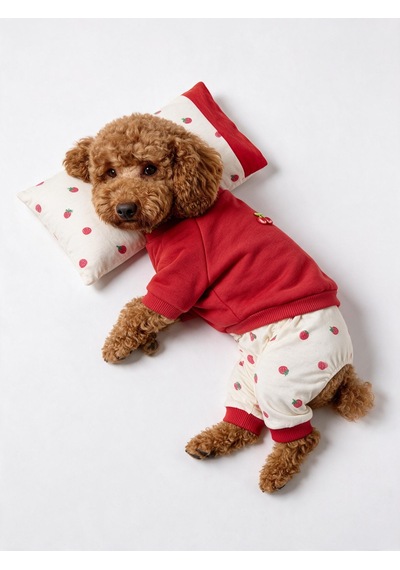 Tatlı Çilek Köpek Rüyası Pamuklu Çilekli Köpek Tulumu, Kırmızı Sweatshirt Ve Mini Yastık 3 Parça