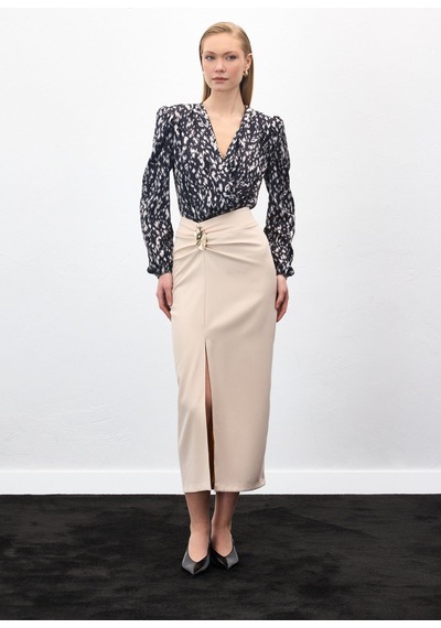 Sateen Gold Yan Aksesuarlı Etek - Bej-136885 Bej