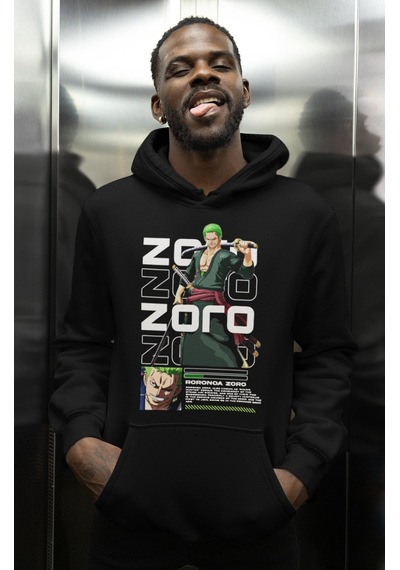 Sevbano Roronoa Zoro Baskılı Unisex Oversize One Piece Anime Karakter Hoo Siyah