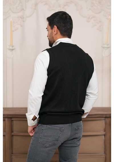 Woolen World Regular Fit Ön Cepli Desenli Kolsuz Erkek Triko Yelek Siyah