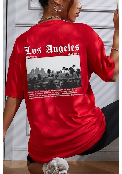 Uyguntarz Unisex Los Angles Tasarım T-shirt Kırmızı