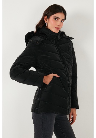 Lela Kapitoneli Slim Fit Çıkarılabilir Kapüşonlu Bayan Mont 497Mara Siyah