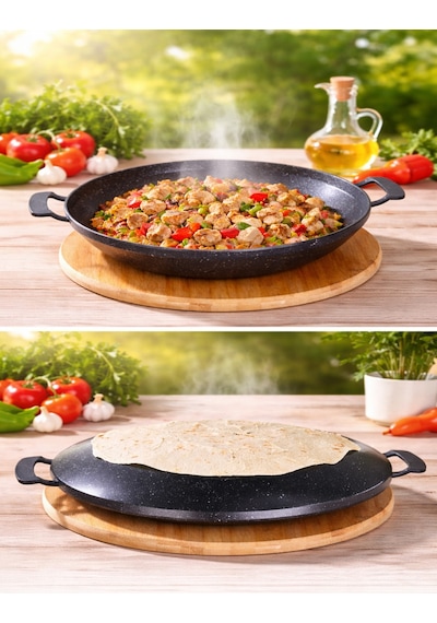 StoneFire 34 Cm Granit Sac Tava | Çift Kulplu Bazlama, Gözleme ve Kavurma Tavası