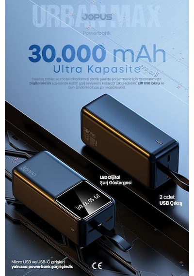 30000mah Powerbank Lcd Ekranlı Taşıma Askılı Güçlü Taşınabilir Şarj Cihazı Siyah, 17500