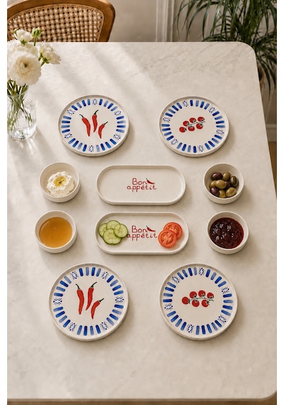 Blue Bon Appetit 10 Parça 4 Kişilik Stackable Seramik Kahvaltı Takımı Lüx Sunum Seti Tabağı Beyaz