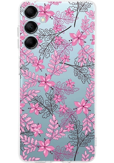 Samsung M14 Uyumlu Kamera Korumalı Floral Pembe Tasarımlı Şeffaf Silikon Kılıf