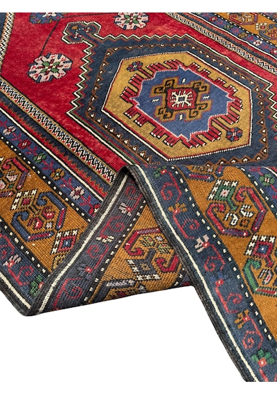 El Dokuma Eskitme İnce Yahyalı 101x175 Kırmızı Lacivert Yün Halı Kırmızı