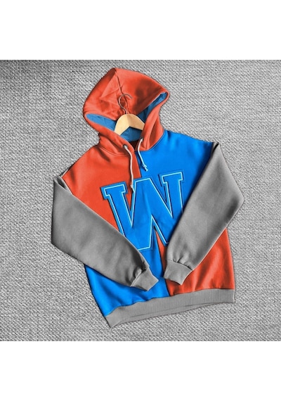 Kadın W Nakış İşlemeli Kapüşonlu 3 İplik Pamuklu Parçalı Sweatshirt Hoodie - Mavi