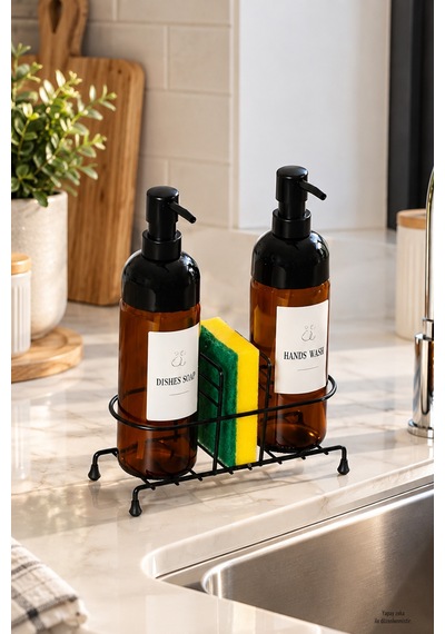 Porsima S-1271 Metal Standlı 2'li Sıvı Sabunluk 500 Ml - Mutfak Bulaşık Deterjanlık Seti Siyah