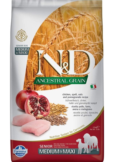N&D Senior Medium & Maxi Düşük Tahıllı Tavuk ve Narlı Orta ve Büyük Irk Yaşlı Köpek Maması 2500 G