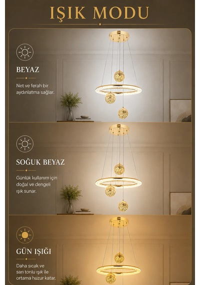 Modern Premium Gold Küreli 3 Renkli Ledli Sarkıt Avizesi Salon Mutfak Çocuk Odası Şık Modelleri 84w